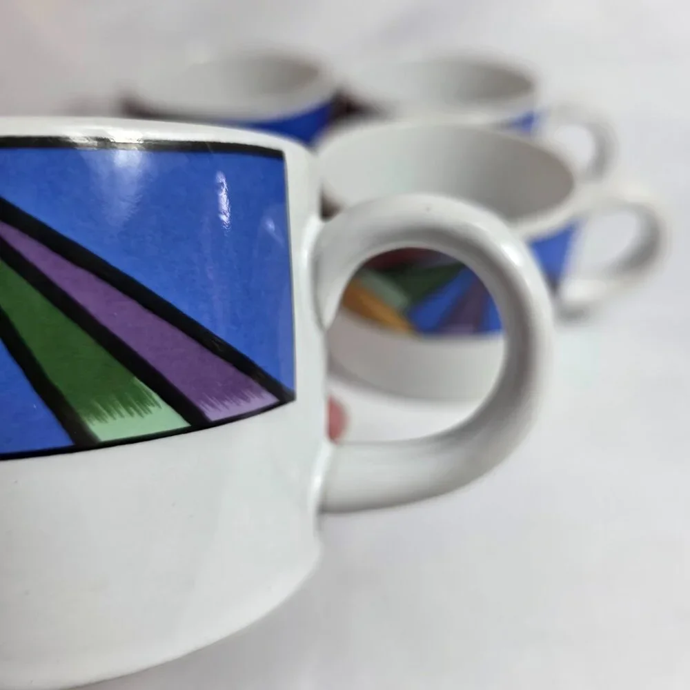 FOUR Sakura Sunset Mountain Flat Cups White with Multicolor Border